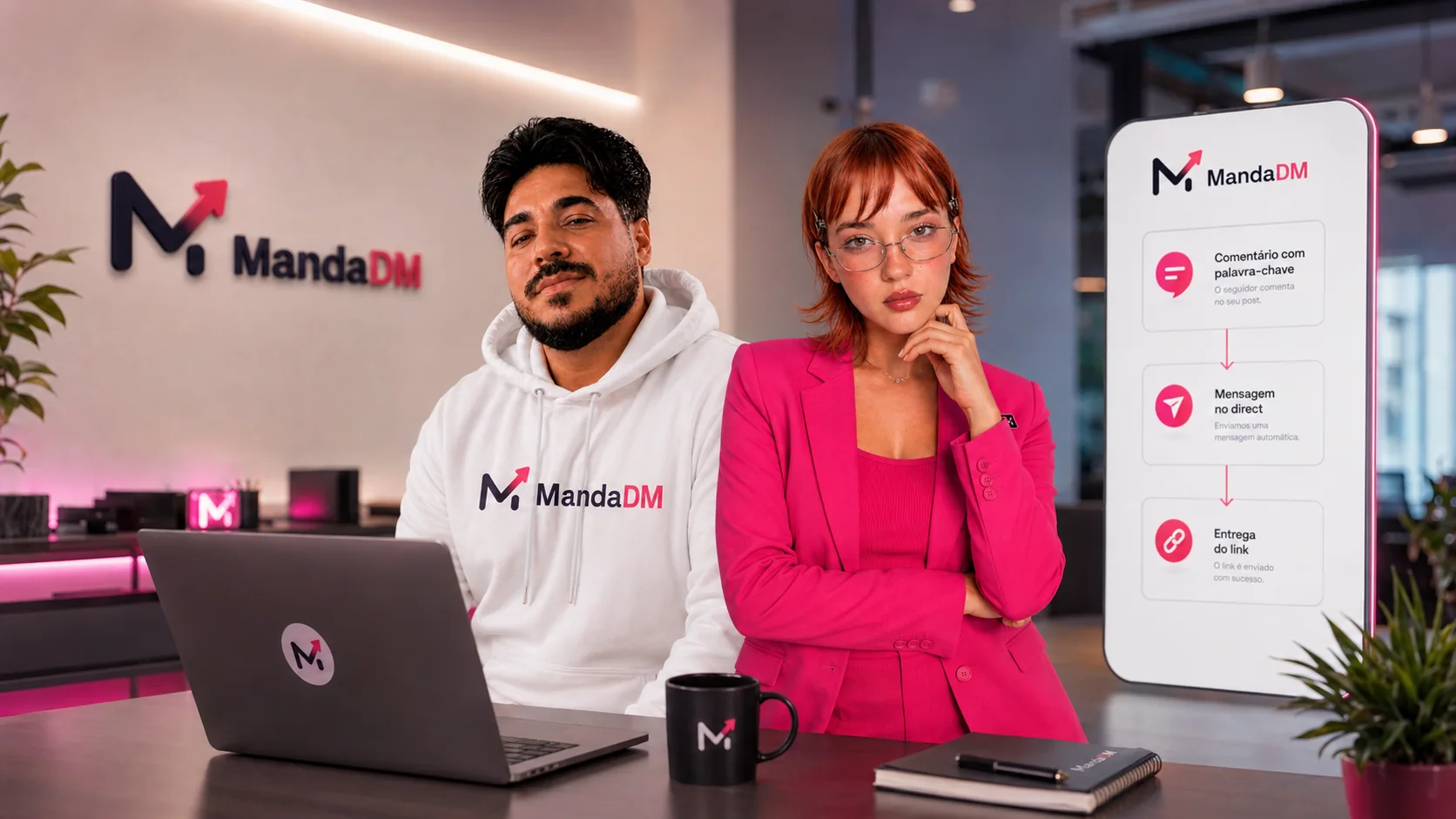 Criadores da MandaDM mostrando o fluxo de comentário, mensagem e link